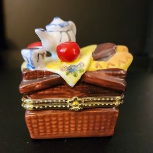 Vintage Hinged Porcelain trinket Box Picnic Basket